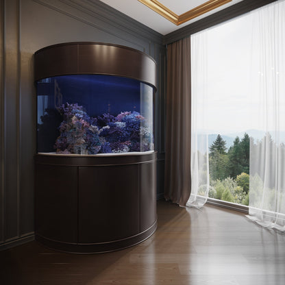 Modern aquarium in a stylish room with large windows