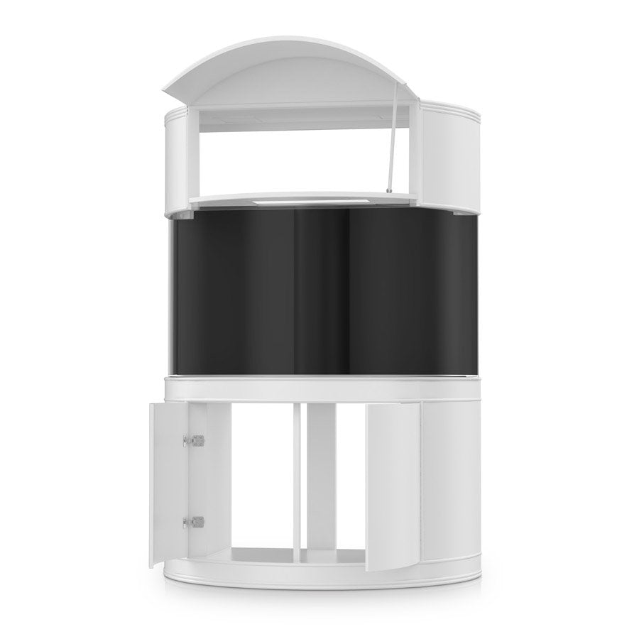 White and black cylindrical storage unit on a white background