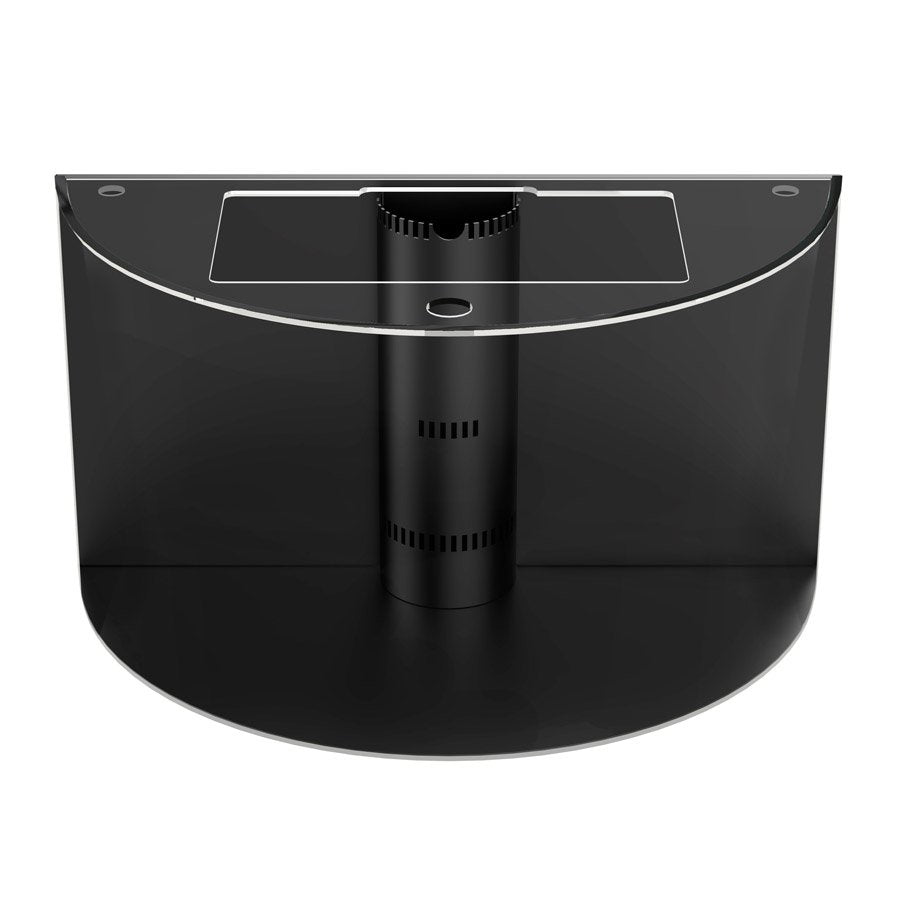 Black curved desk with transparent top on a white background