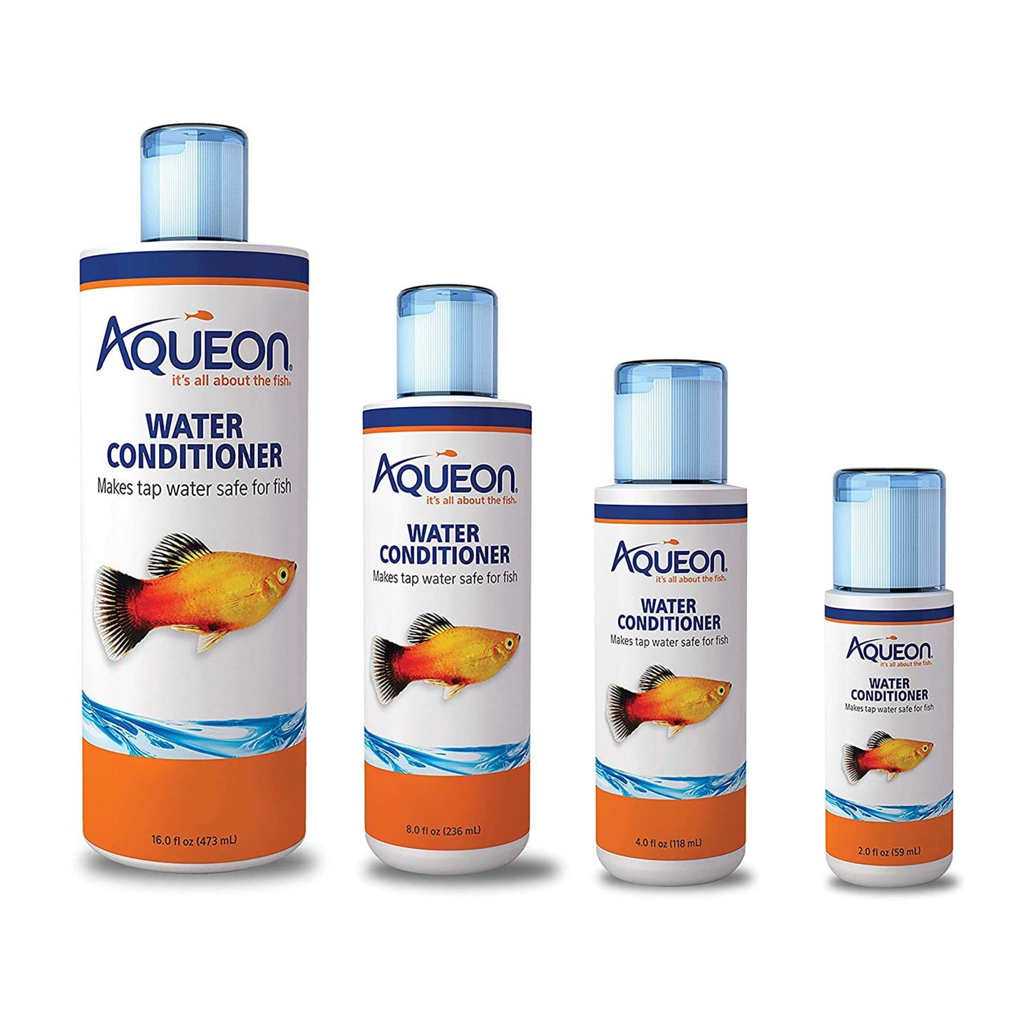 Four bottles of Aqueon water conditioner on a white background