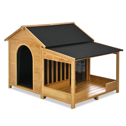 Wooden pet house with a black roof on a white background