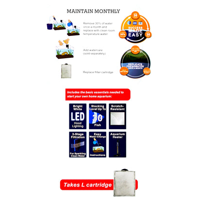 Aquarium maintenance guide with product packaging on a white background