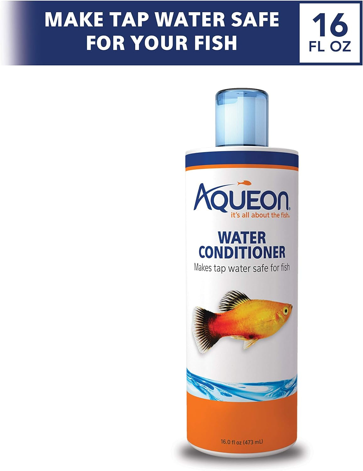 Aqueon water conditioner bottle with fish illustration on a white background
