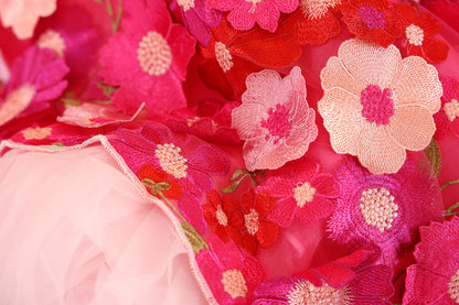 Close-up of pink and red floral embroidery on fabric
