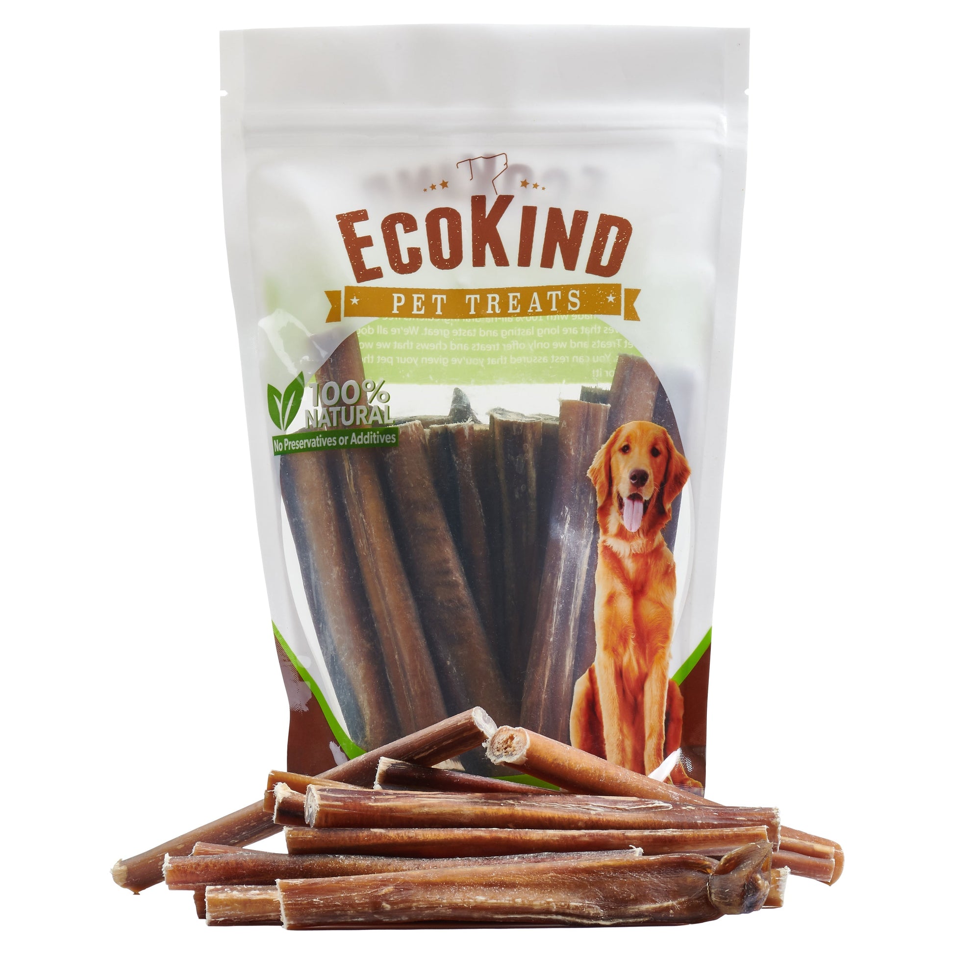 Bag of EcoKind pet treats with dog sticks in front on a white background