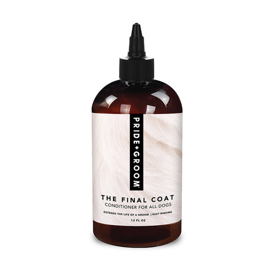 Bottle of 'The Final Coat' conditioner for dogs by Pride Groom on a white background