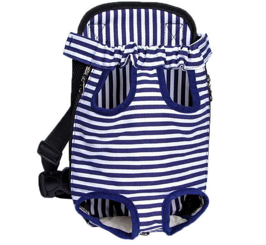 Blue and white striped pet carrier on a white background
