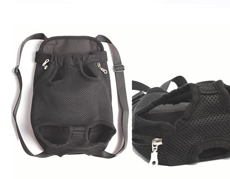 Black pet carrier with mesh sides and straps on a white background