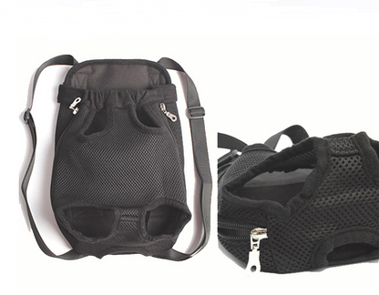 Black pet carrier with mesh sides and straps on a white background
