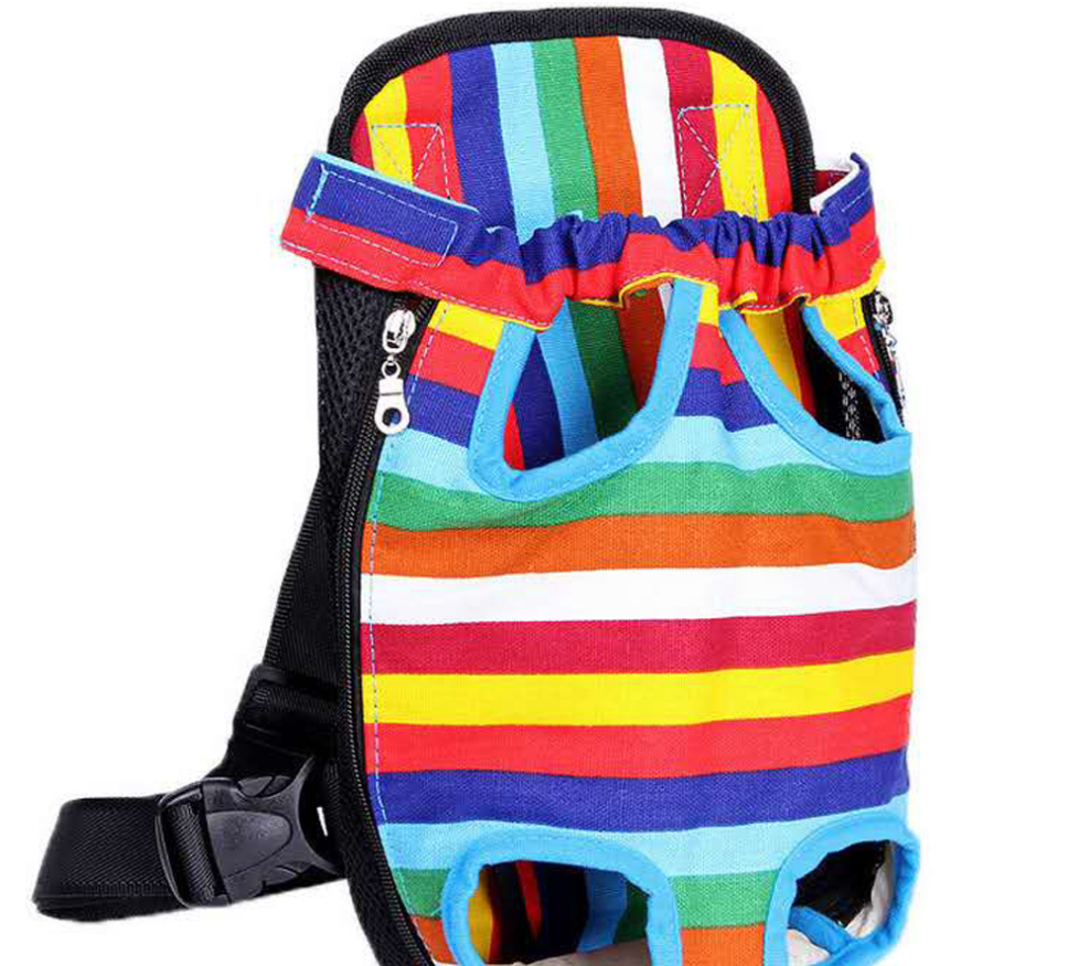 Colorful striped pet carrier with a white background