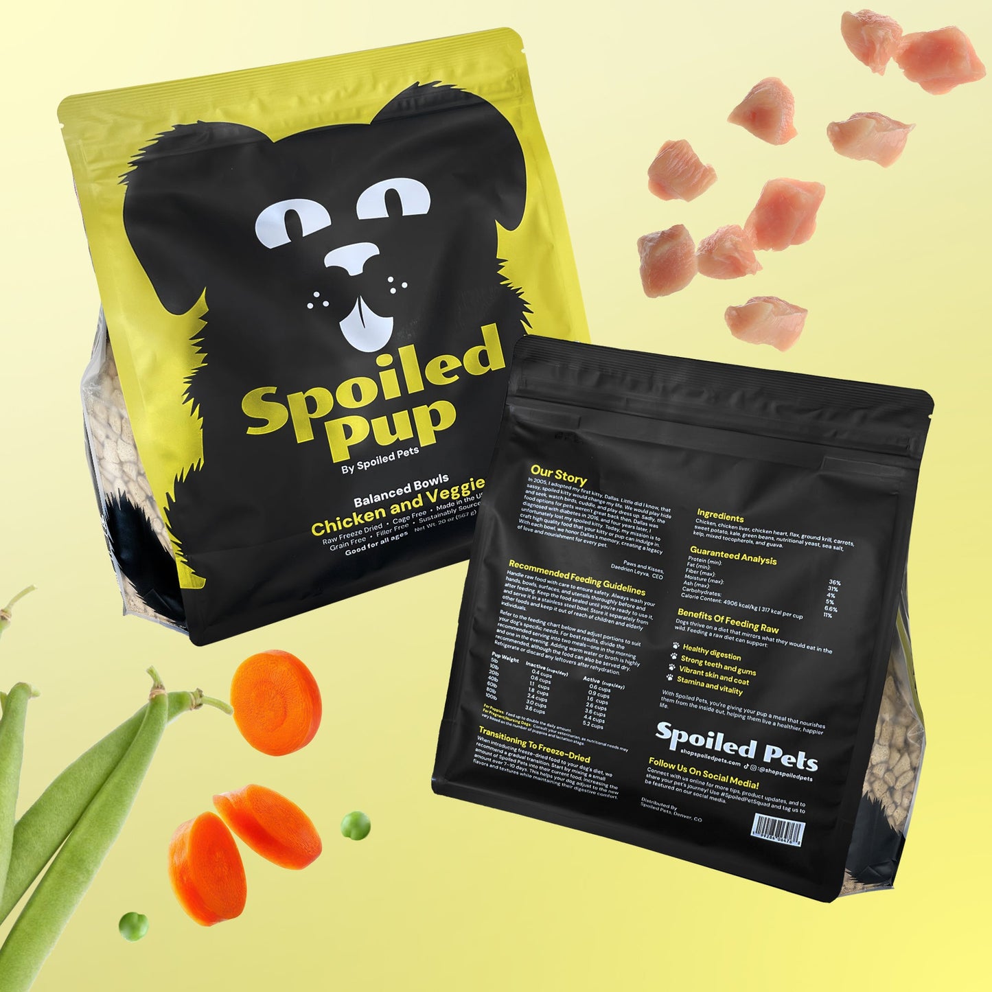 Dog food packaging with 'Spoiled Pup' branding on a yellow background