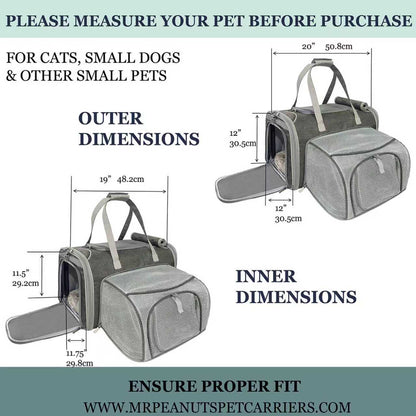 Pet carrier with dimensions labeled for cats, small dogs, and other small pets.