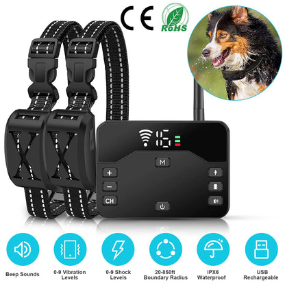 Dog training collar system with control device and two collars, featuring CE and RoHS logos.