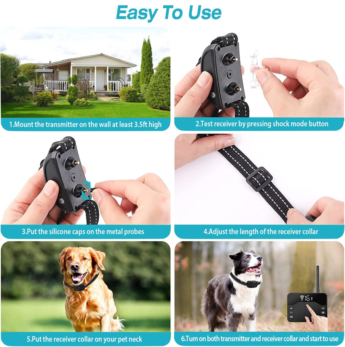 Step-by-step guide on how to use a pet training collar with images of hands and dogs.