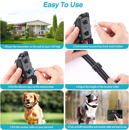 Step-by-step guide on how to use a pet training collar with images of hands and dogs.