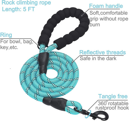 Blue dog leash with black handle and reflective threads, labeled features on a white background.