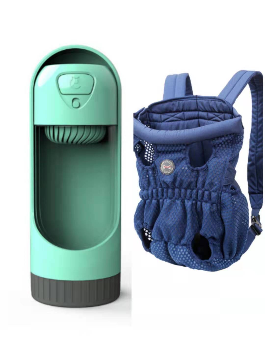 Mint green pet water bottle and blue pet carrier on a white background