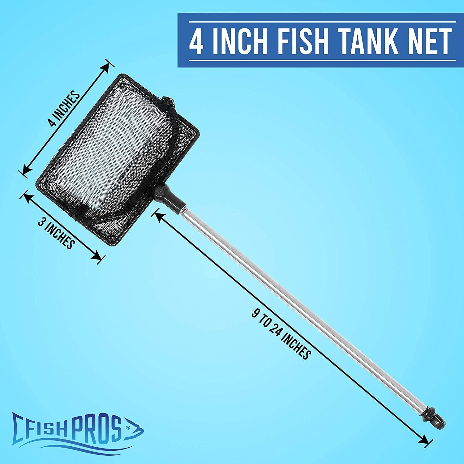 4-inch fish tank net with measurements on a blue background, featuring FishPros branding.