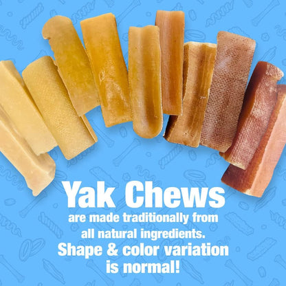 Yak chews with a blue background and text about their traditional ingredients.