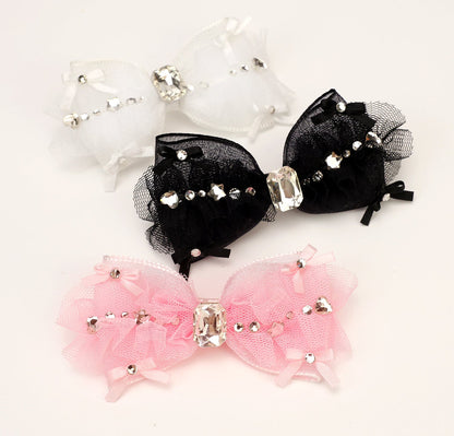 Pet Accessories Tulle Bow Hair Clip with Crystal Center Headwear