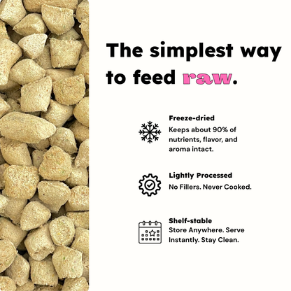 Raw pet food pellets with text on the simplest way to feed raw.
