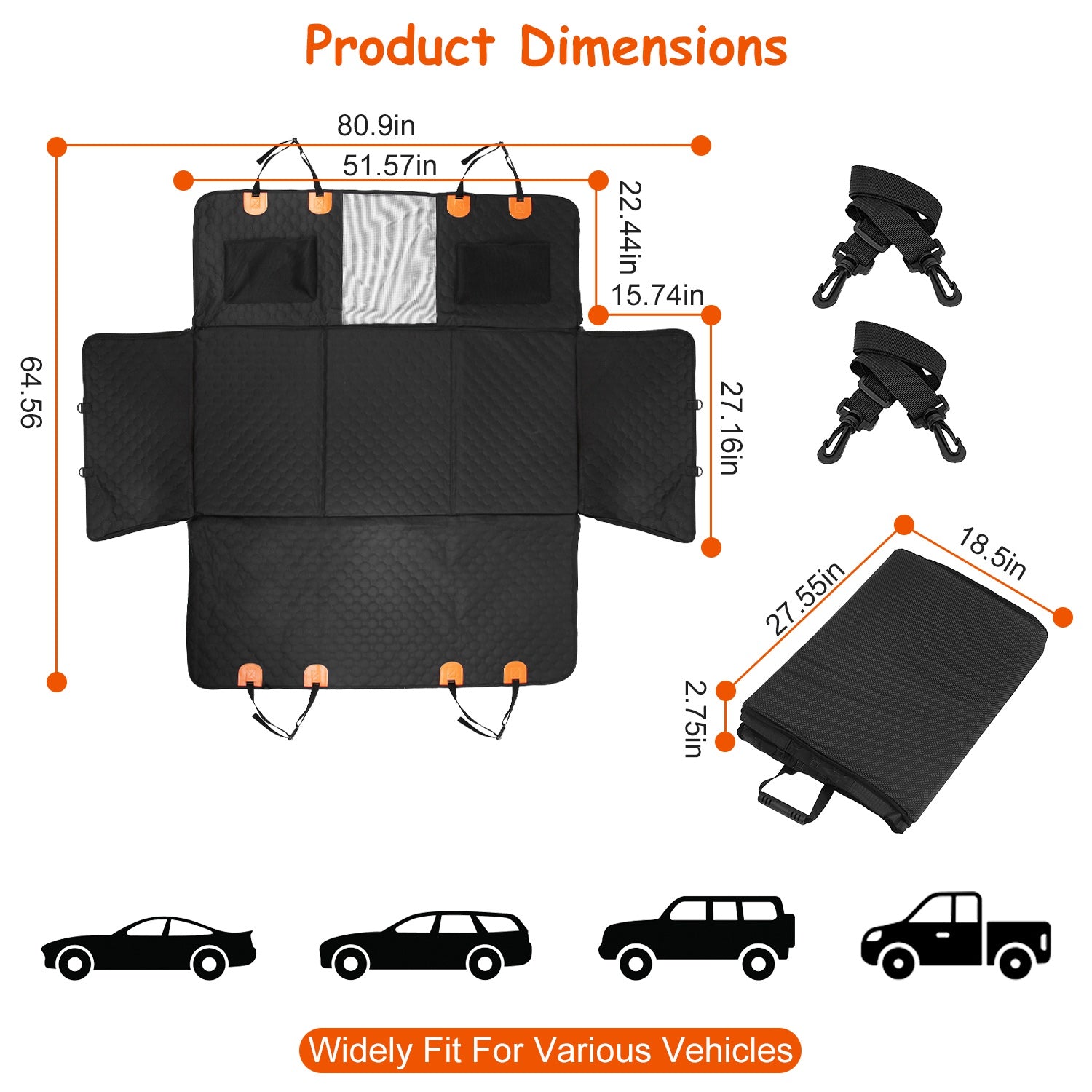 Car seat cover with dimensions and compatibility icons on a white background