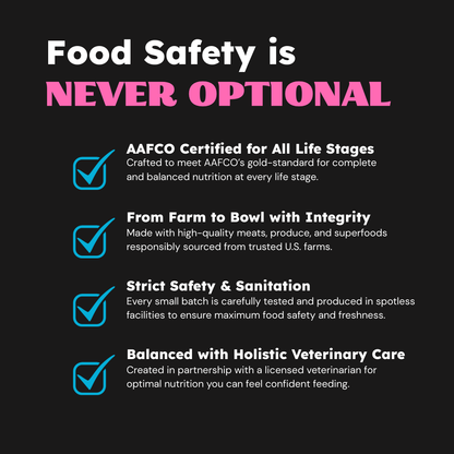 Promotional graphic emphasizing food safety and quality standards on a black background.