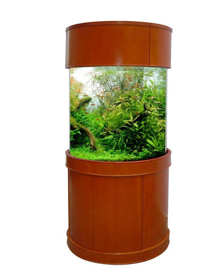  cylindrical aquarium with brown stand on a white background
