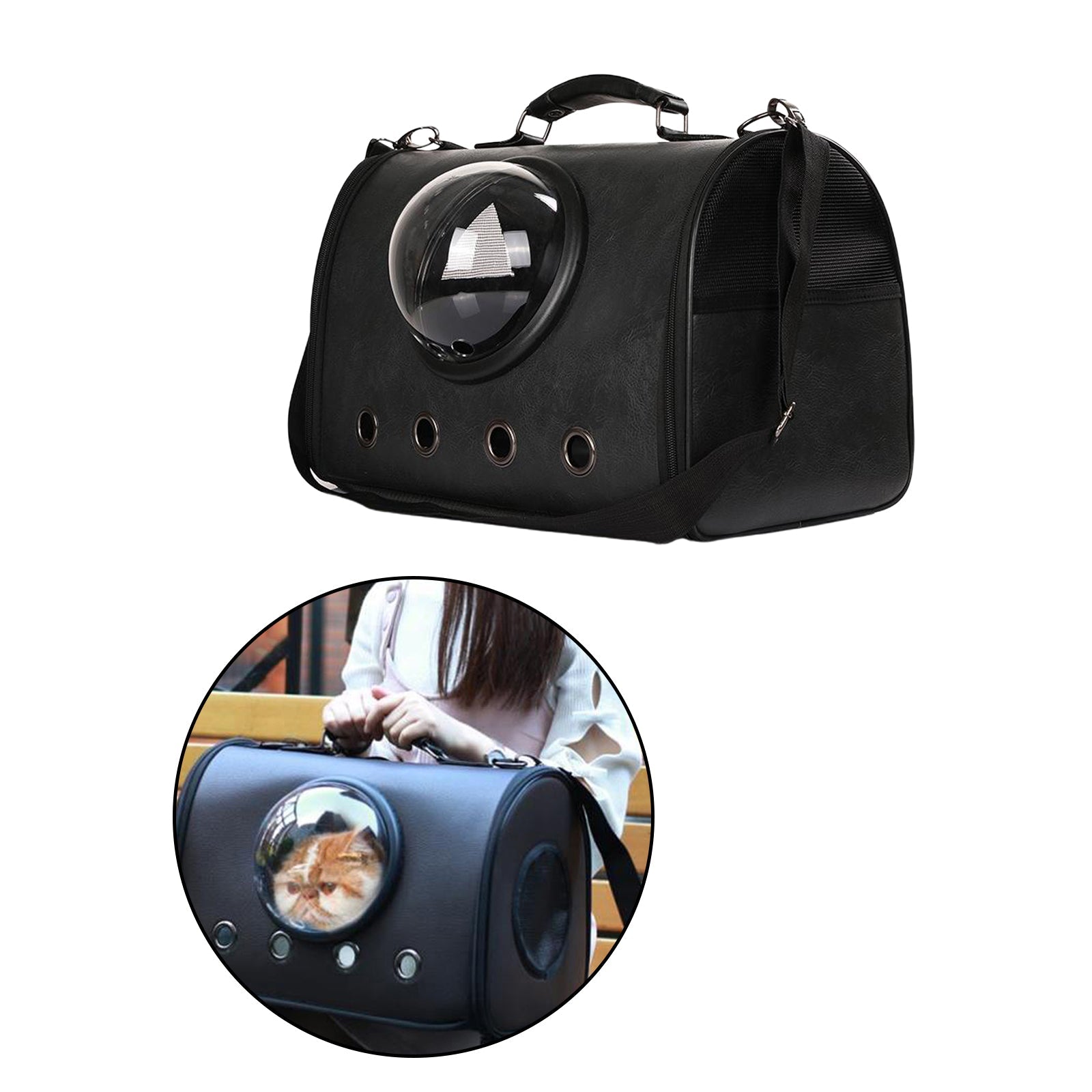 Black pet carrier with bubble window, shown with a close-up inset of a cat inside.
