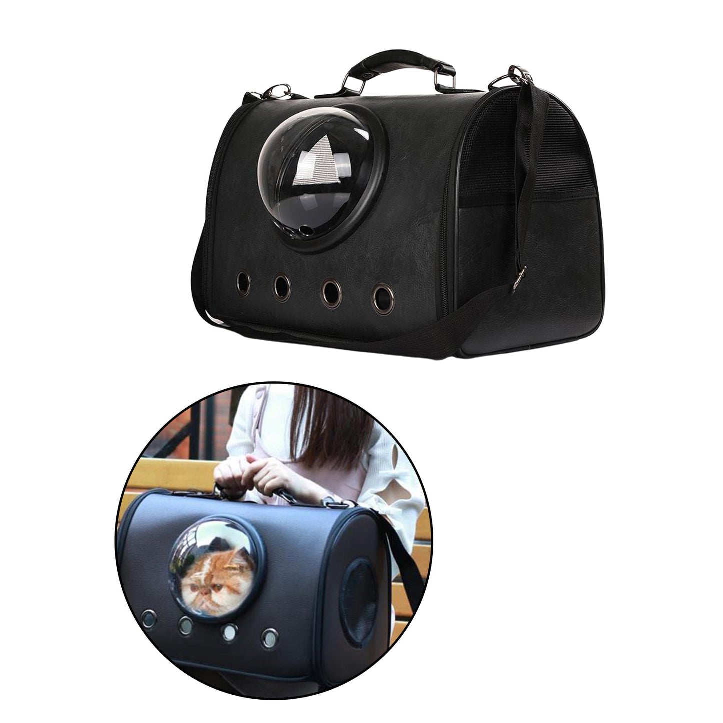 Black pet carrier with bubble window, shown with a close-up inset of a cat inside.