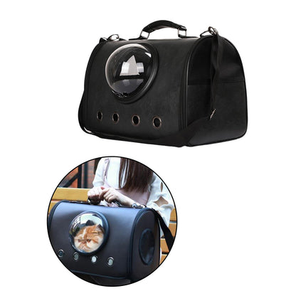 Black pet carrier with bubble window, shown with a close-up inset of a cat inside.