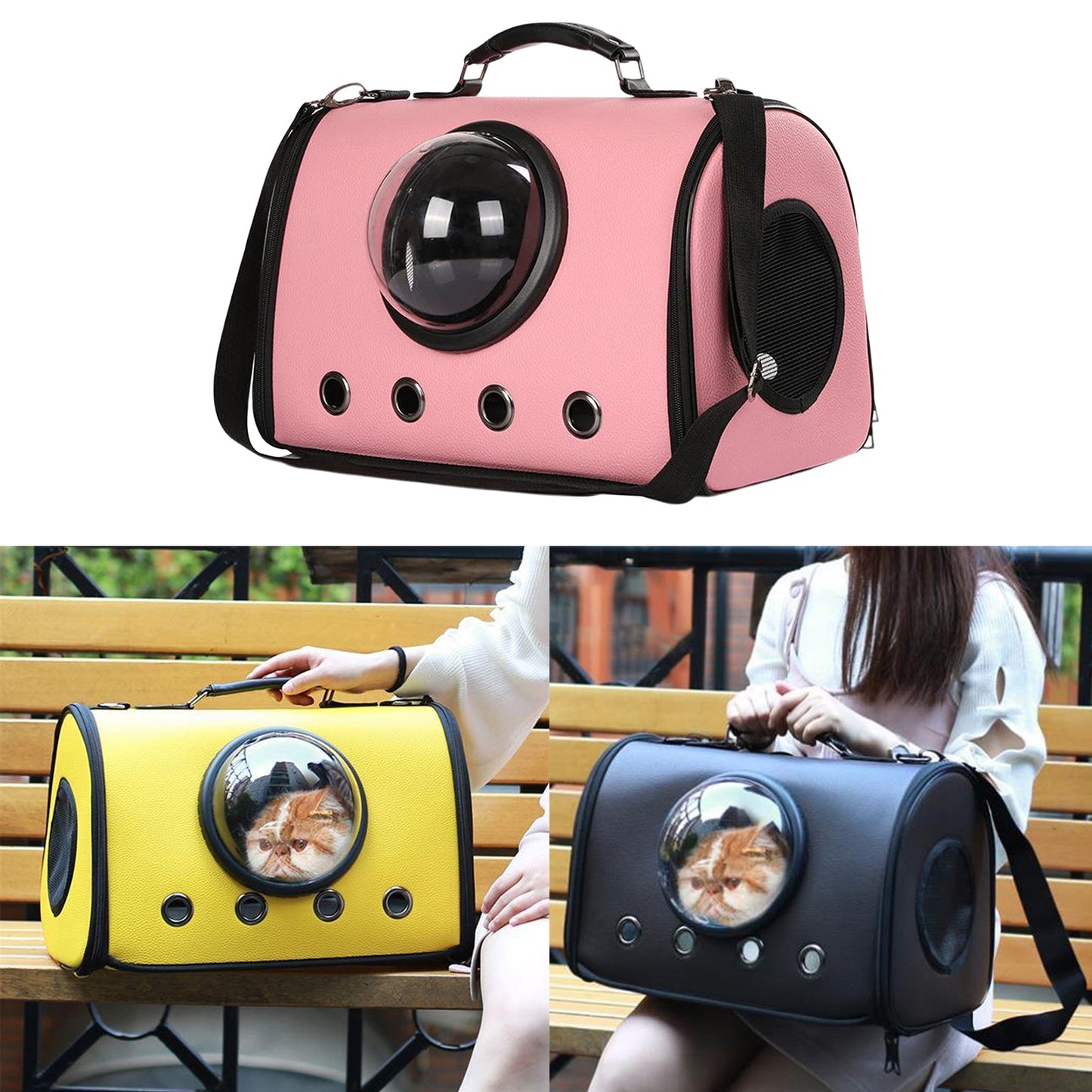 Pet carrier with bubble window in pink, yellow, and black, used by people outdoors.