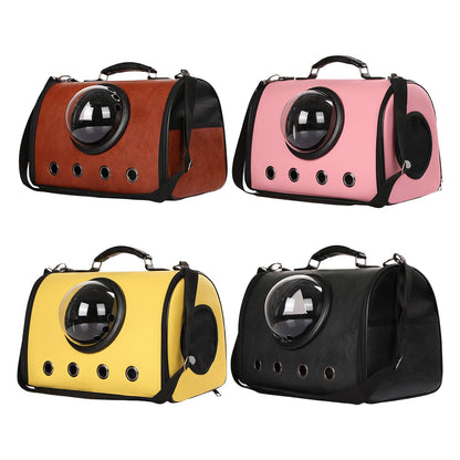 Four pet carriers in different colors on a white background