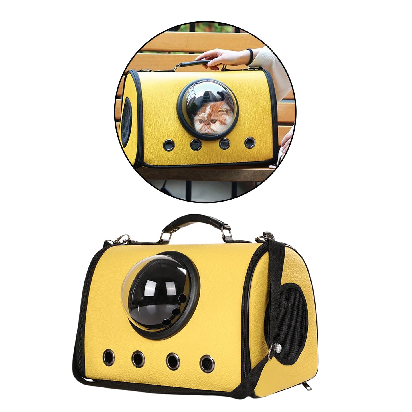 Yellow pet carrier with a transparent dome on a white background