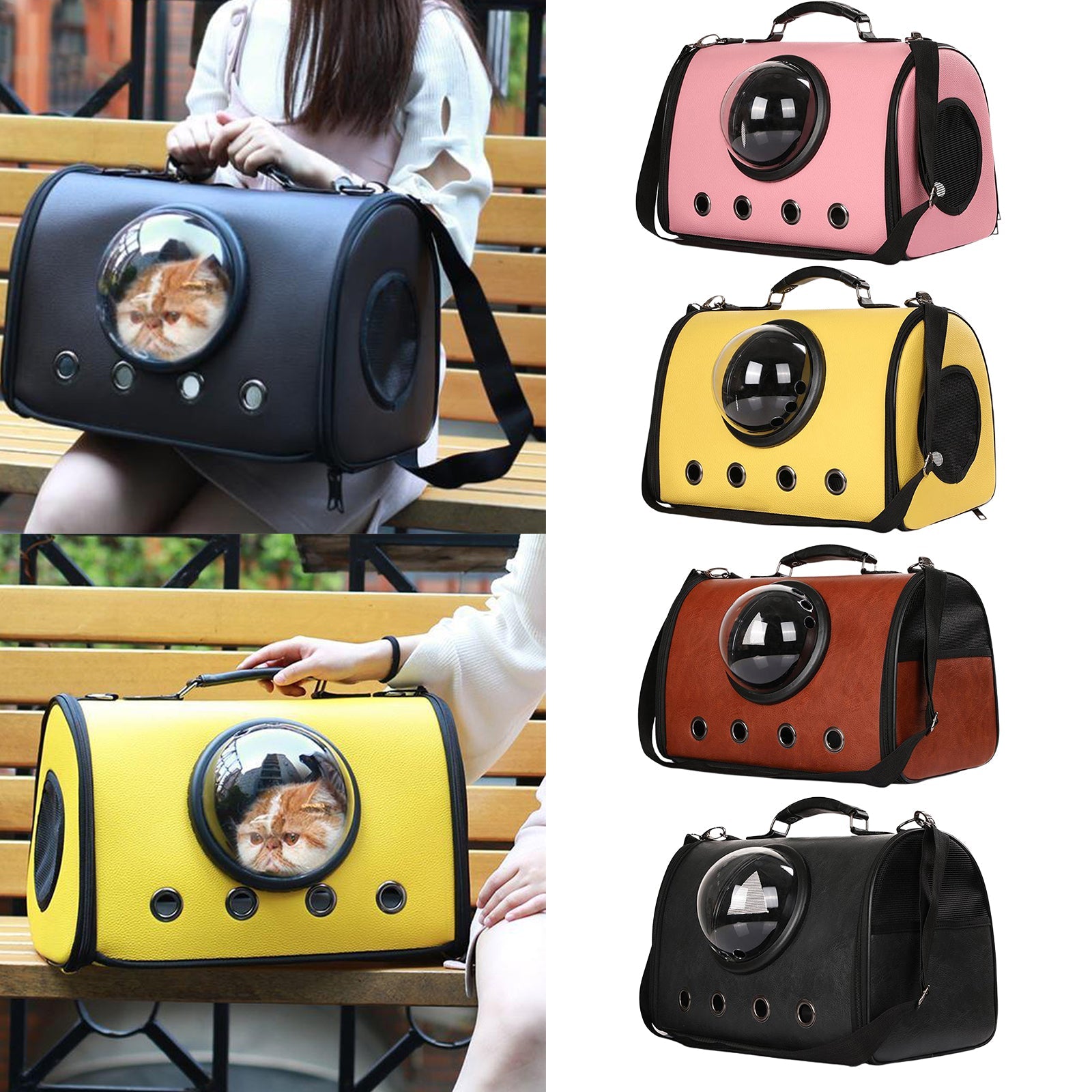 Pet carrier with bubble window in various colors held by a person.