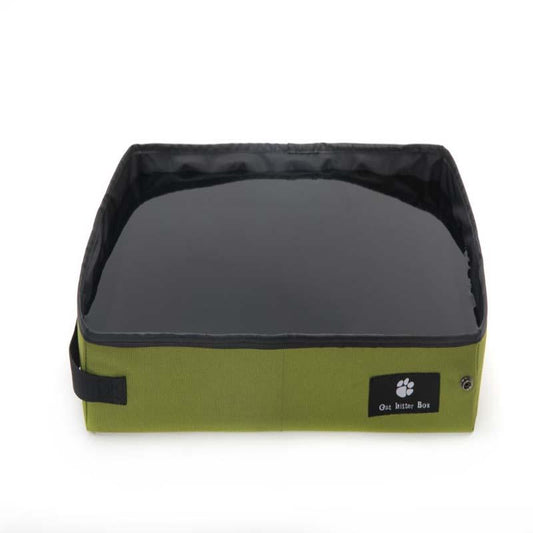 Green and black pet bed with a visible brand label on a white background