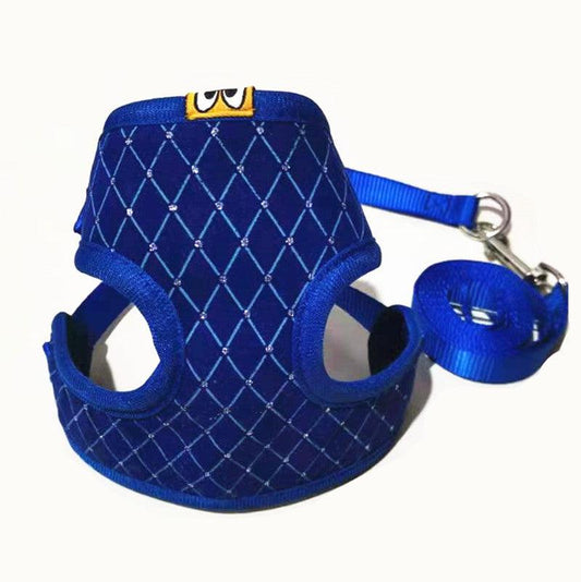 Blue dog harness with matching leash on a white background