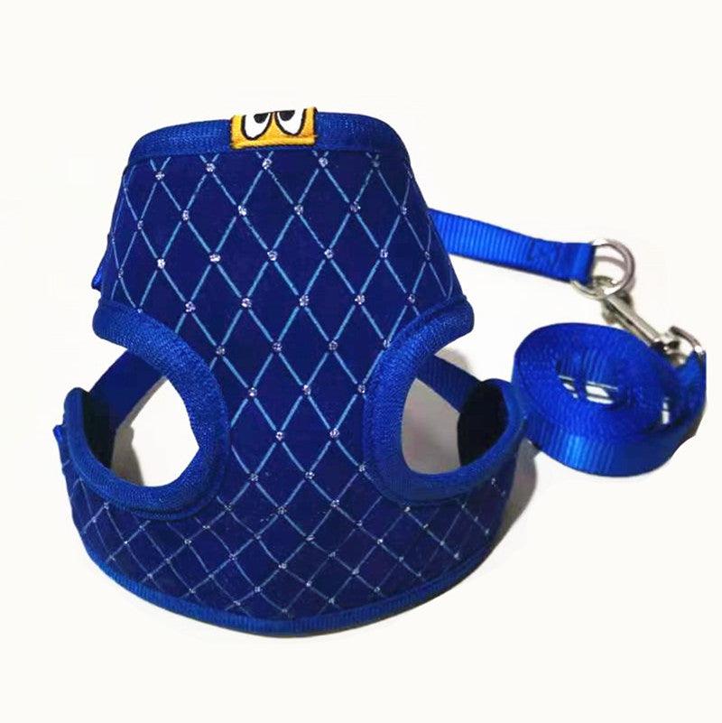 Blue dog harness with matching leash on a white background