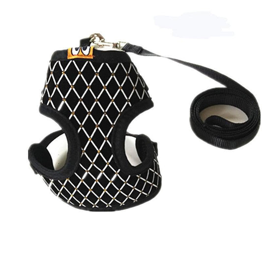Black and white mesh pet harness with a leash on a white background