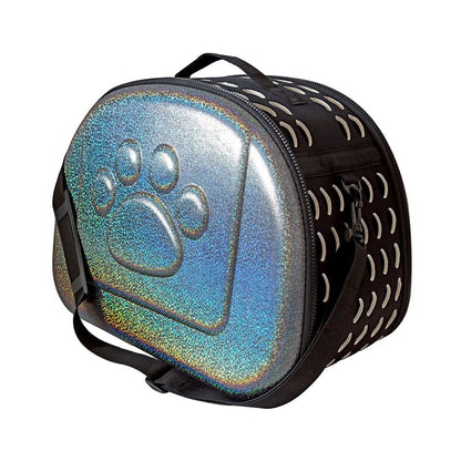 Pet carrier with a reflective paw print design on a white background
