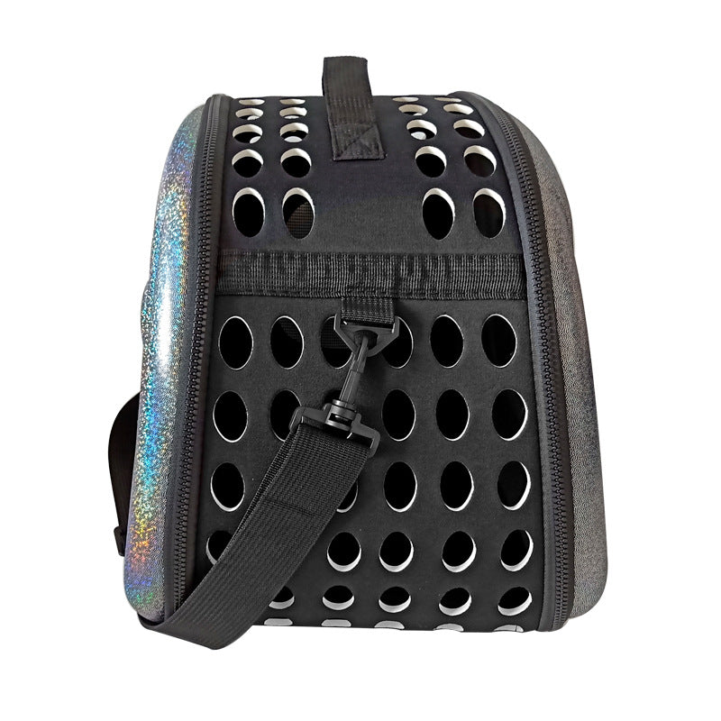 Black pet carrier with colorful side on a white background