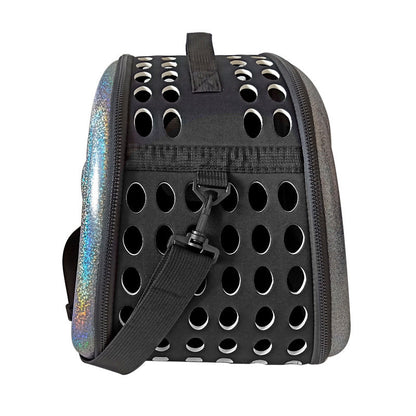 Black pet carrier with colorful side on a white background
