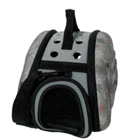 Pet carrier with gray and black design on a white background