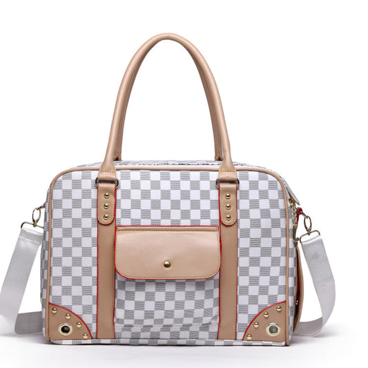Checkered handbag with beige accents on a white background