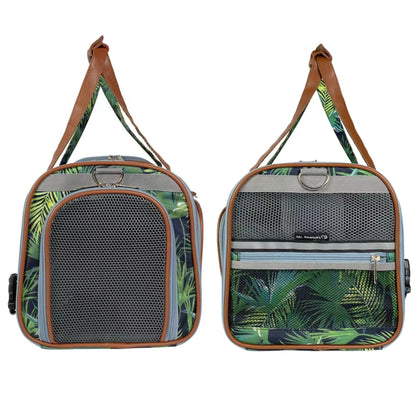 Pet carrier with tropical leaf design on a white background