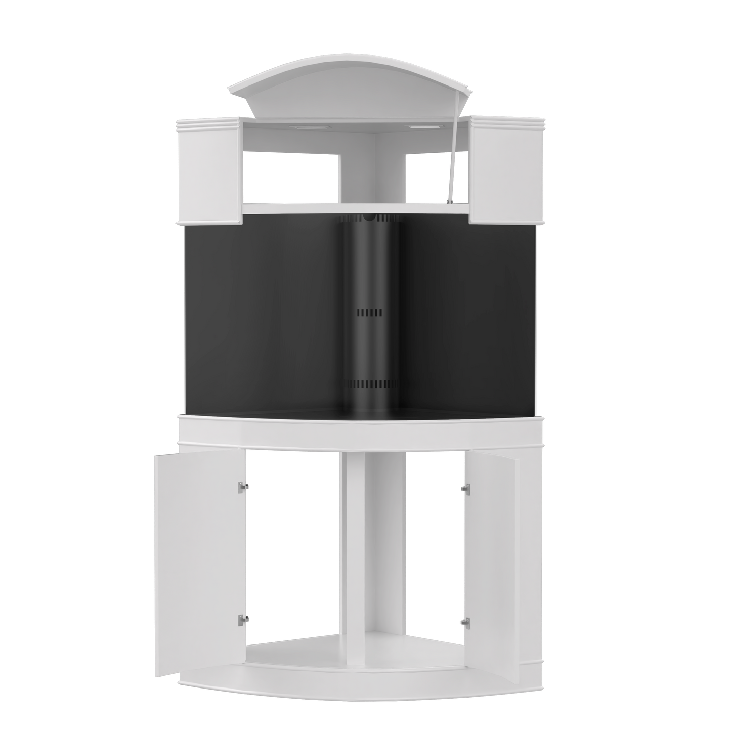 White corner TV stand with black screen on a white background