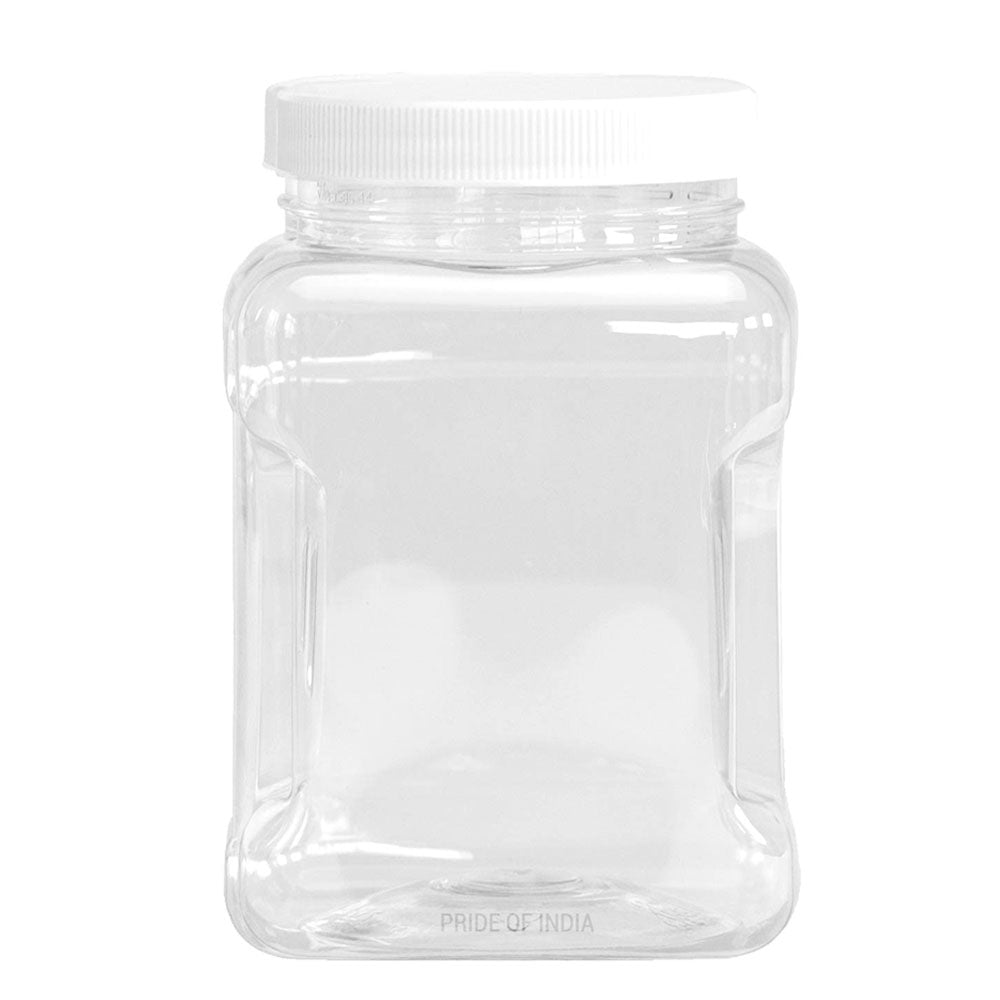 Clear plastic jar with a white lid on a white background