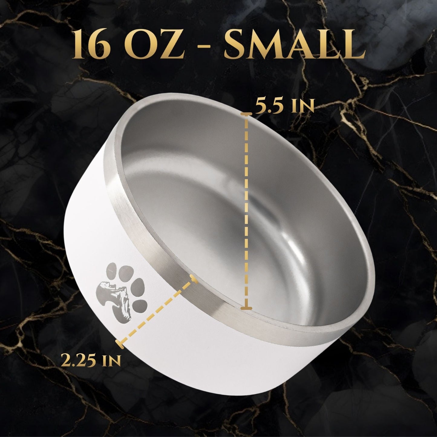 16 oz small dog bowl with measurements on a dark background