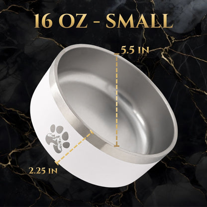16 oz small dog bowl with measurements on a dark background