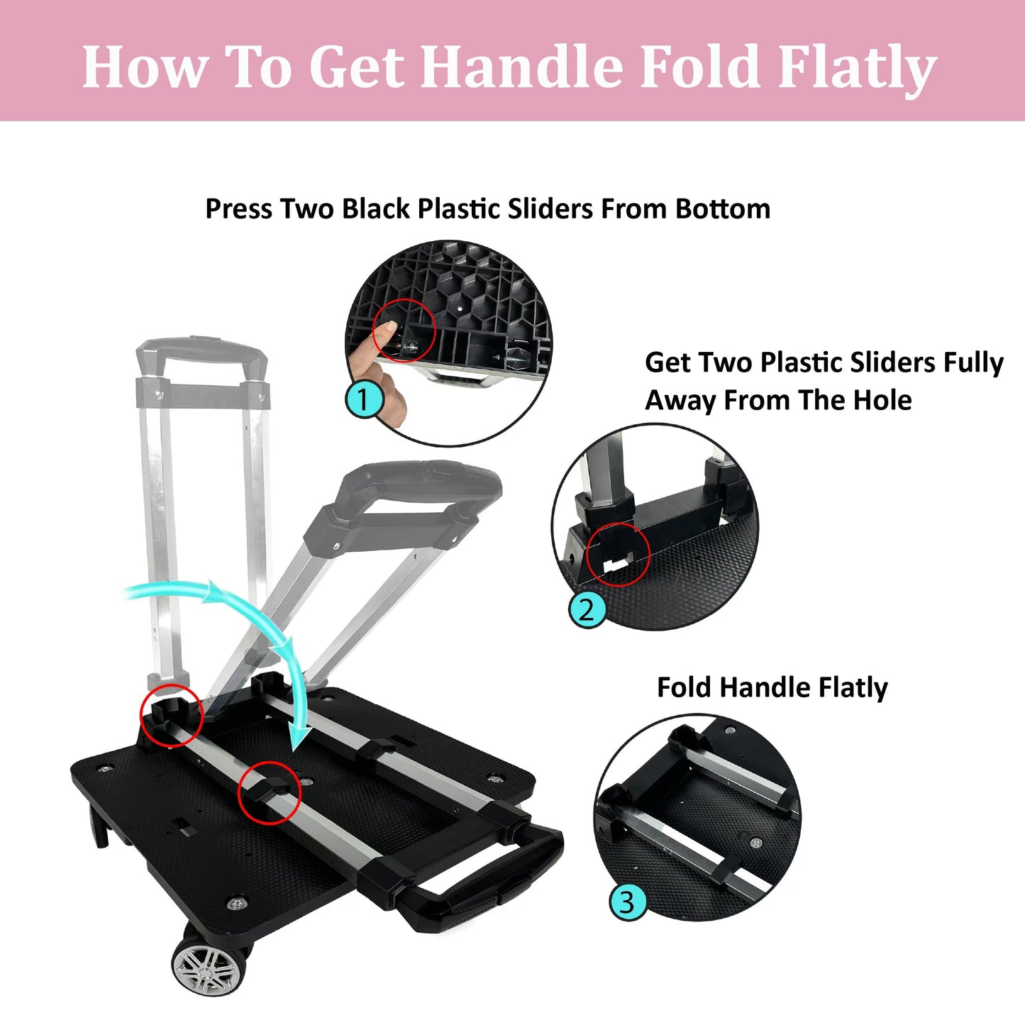 Instructions on how to fold a handle flatly with a black and silver dolly.